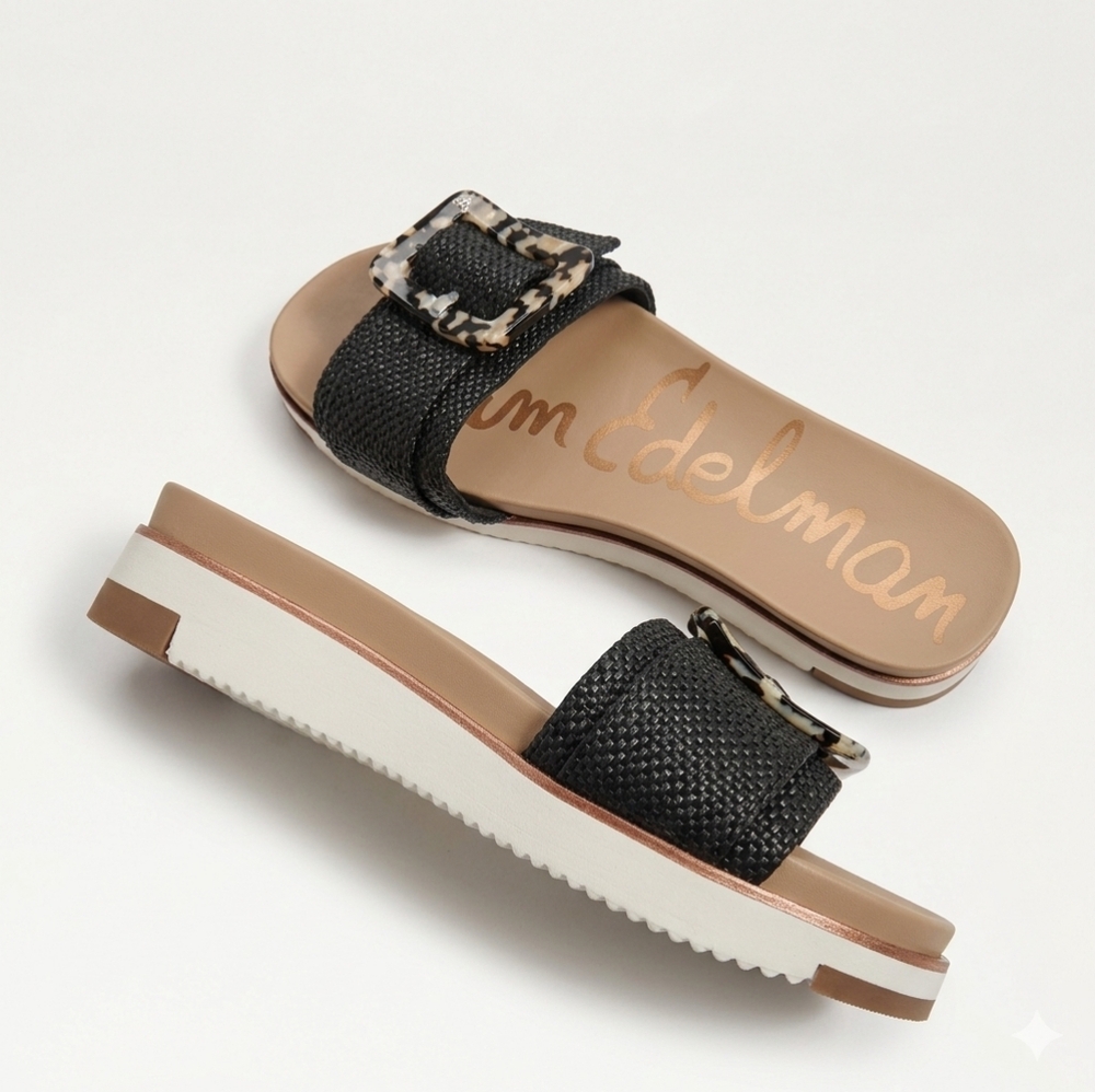 Sam Edelman Black Woven Slide Sandals with Tortoiseshell Buckle